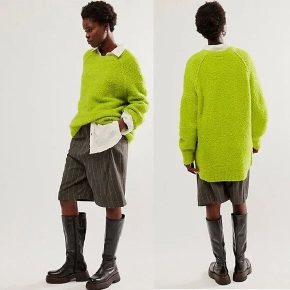 FREE PEOPLE Teddy Sweater Tunic Size L Oversized Lime Green Wool Blend Fuzzy NEW - Picture 12 of 12